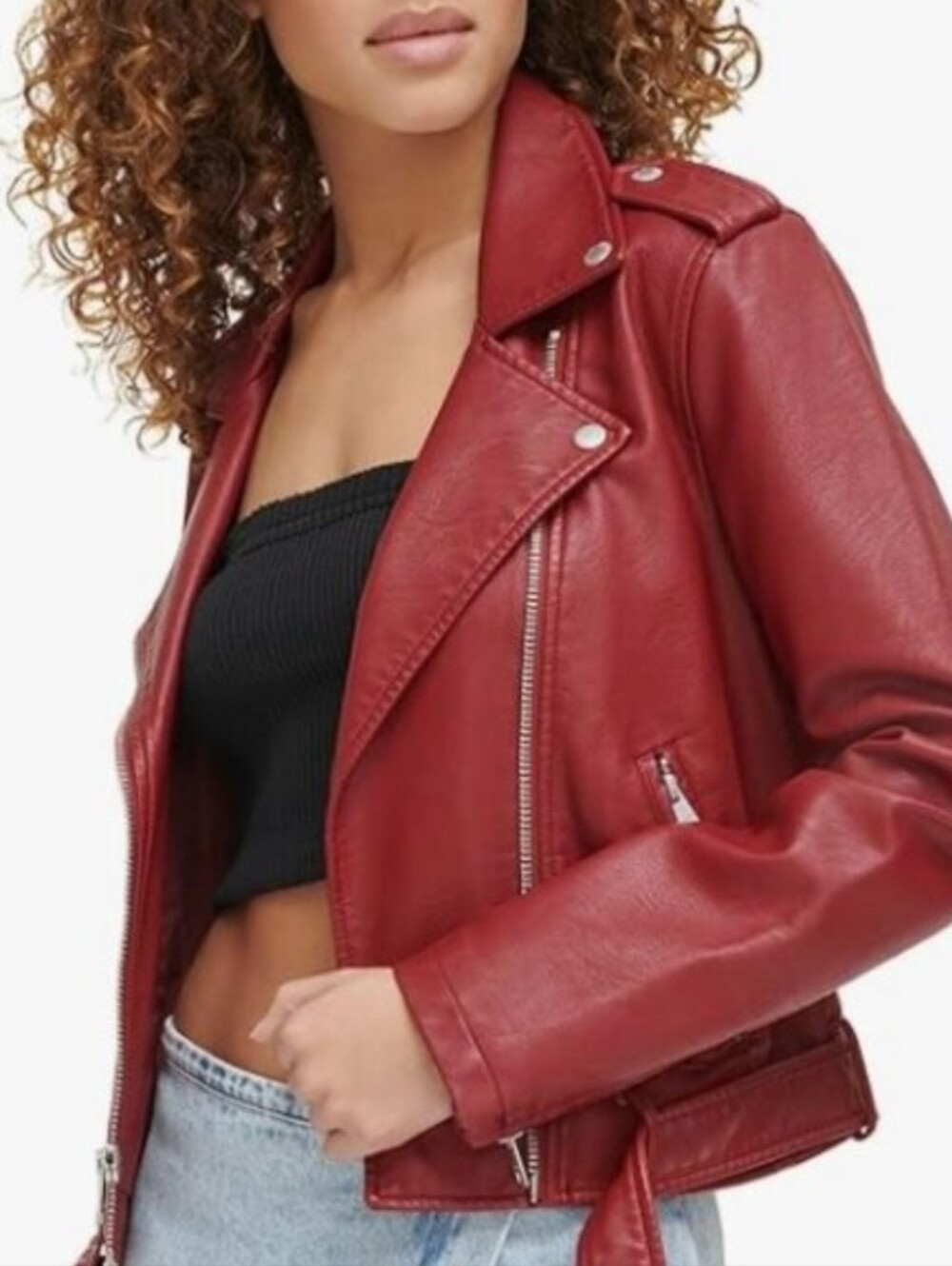 Levi's Red Faux Leather Moto Cropped Jacket with Asymmetrical Zip - Picture 2 of 10